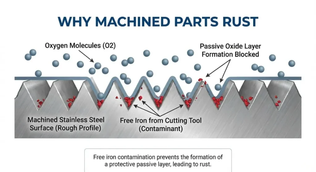 Diagram showing free iron contamination on machined stainless steel surface requiring stainless steel passivation