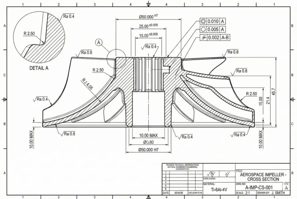 ISO-standard technical drawing of cnc precision machining parts (aerospace impeller) showing GD&T callouts for runout and true position.