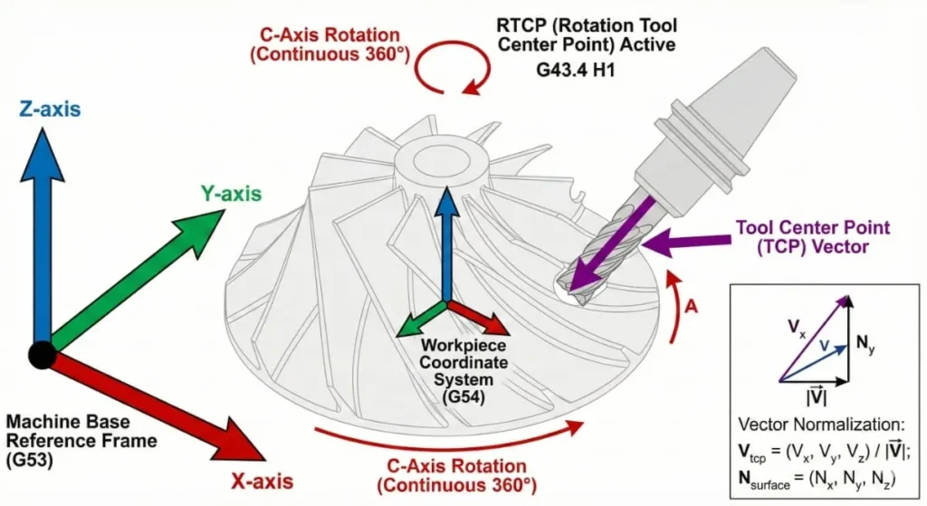 Kinematics diagram of 5-axis stainless steel CNC machining service demonstrating RTCP vector control for complex impeller parts