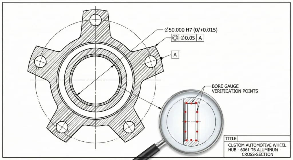 Cross-section engineering drawing of custom automotive cnc precision machining parts highlighting H7 bore tolerance.