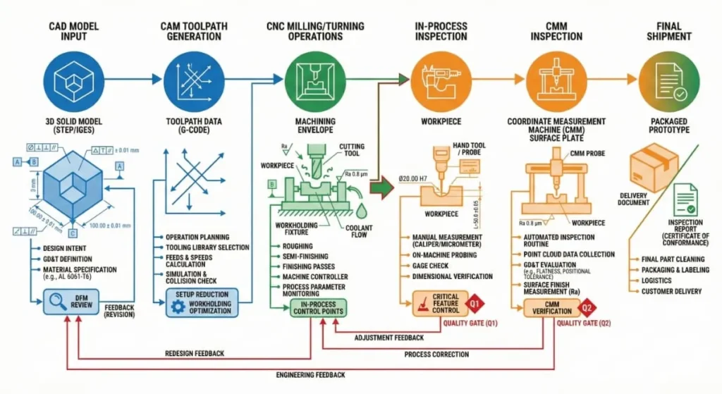 CNC machining prototype service workflow diagram showing CAD to CAM, milling and turning processes, inspection loops, and CMM quality control