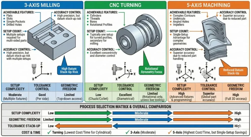 process selection diagram comparing CNC milling, turning, and 5-axis machining for prototype cnc machining services