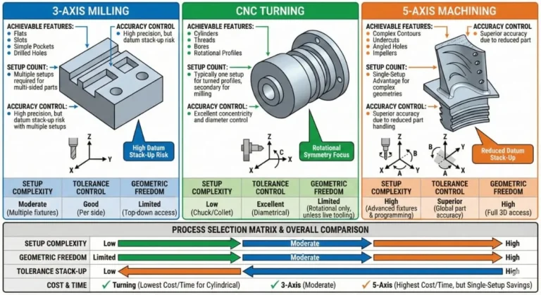 process selection diagram comparing CNC milling, turning, and 5-axis machining for prototype cnc machining services