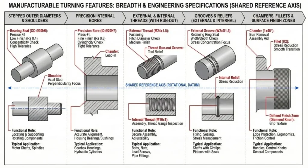 Engineering diagram of manufacturable CNC turning features including knurling, external threads, grooves, and relief cuts.
