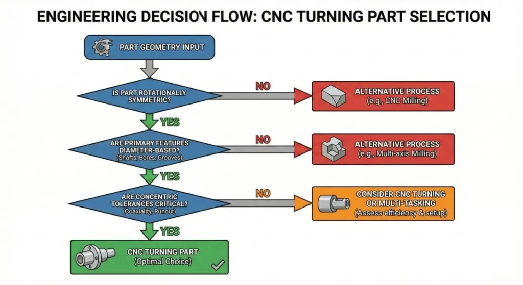 Flowchart guide for selecting CNC turning process based on part symmetry and tolerance requirements.