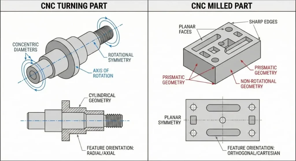 Comparison diagram of CNC turning vs CNC milling processes showing rotational symmetry vs prismatic geometry.