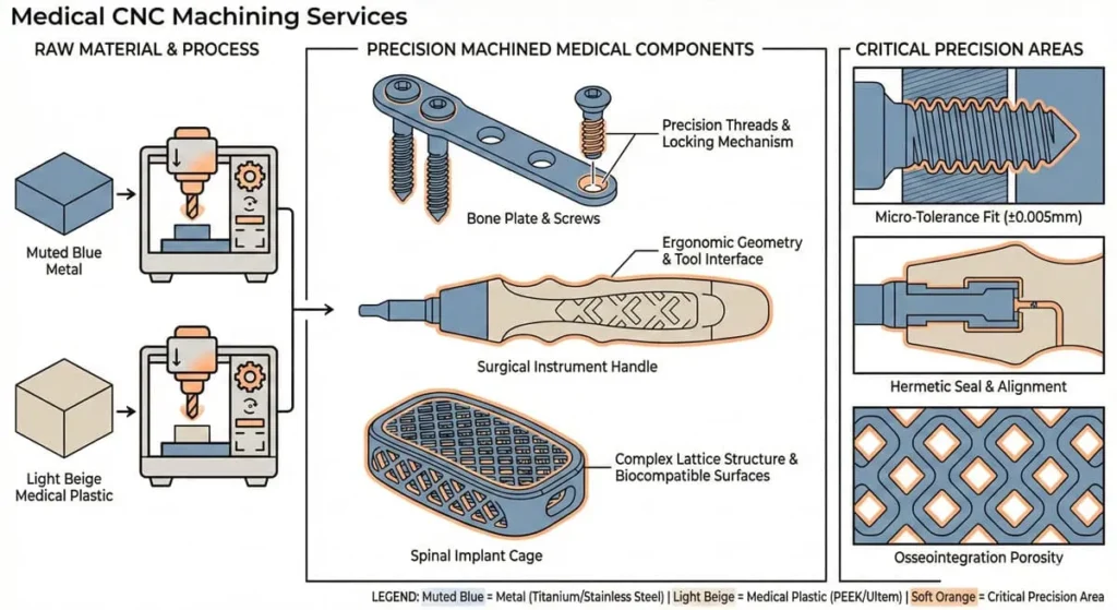 Color-coded technical illustration explaining medical CNC machining services and typical medical components
