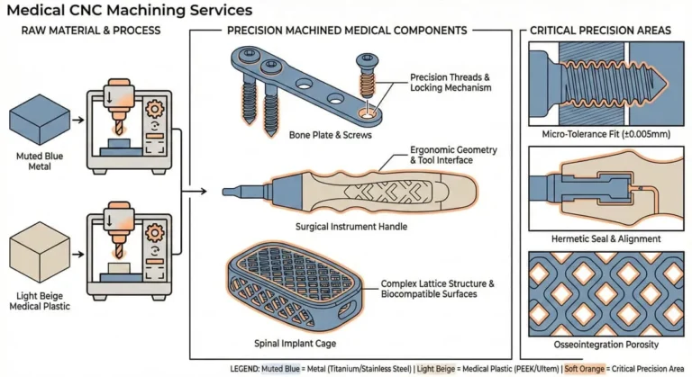 Color-coded technical illustration explaining medical CNC machining services and typical medical components