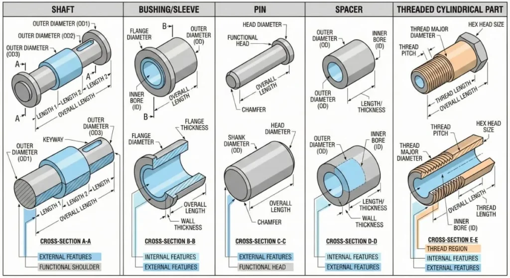Types of CNC turning parts illustration showing shaft, bushing, pin, spacer, and threaded components with cross-sectional views.