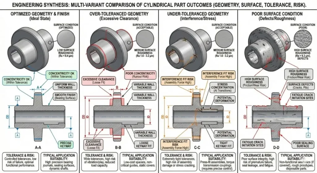 Engineering analysis of CNC part tolerances showing risks and costs of over-tolerancing vs under-tolerancing.
