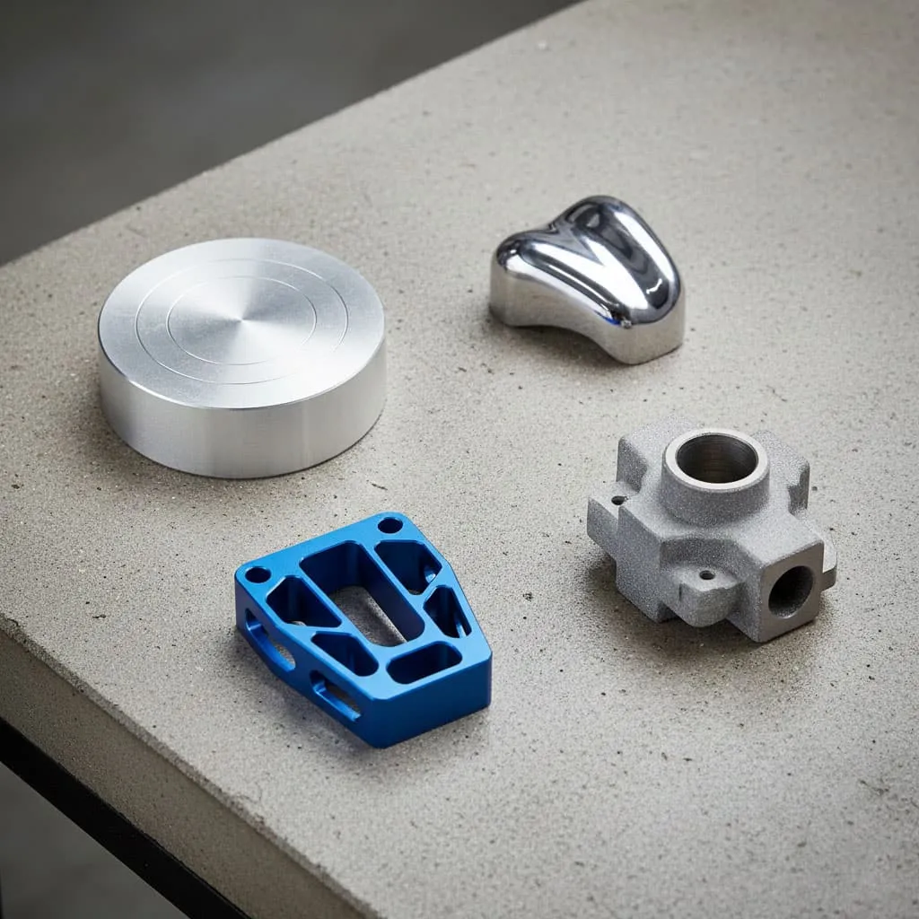 Display of precision cnc custom parts machining services showing various materials like aluminum 6061, stainless steel, and titanium with different surface finishe