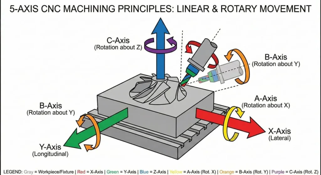 Engineering diagram illustrating the 5-axis CNC machining principle used in medical CNC machining services
