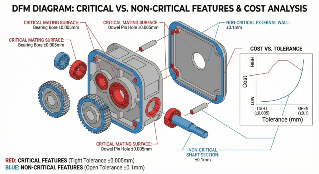 DFM chart showing manufacturing cost exponential curve vs tolerance tightness for cnc precision machining parts.