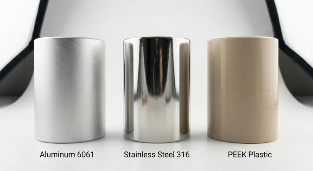 Surface finish comparison of cnc precision machined parts made from Aluminum 6061, Stainless Steel 316, and PEEK plastic.