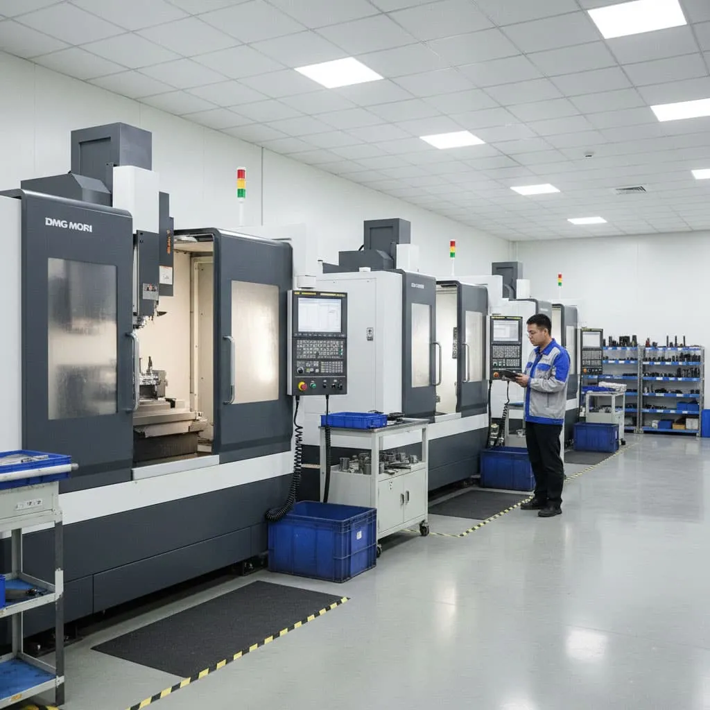 Modern custom cnc machining services factory floor in China featuring advanced 5-axis milling centers and engineering staff