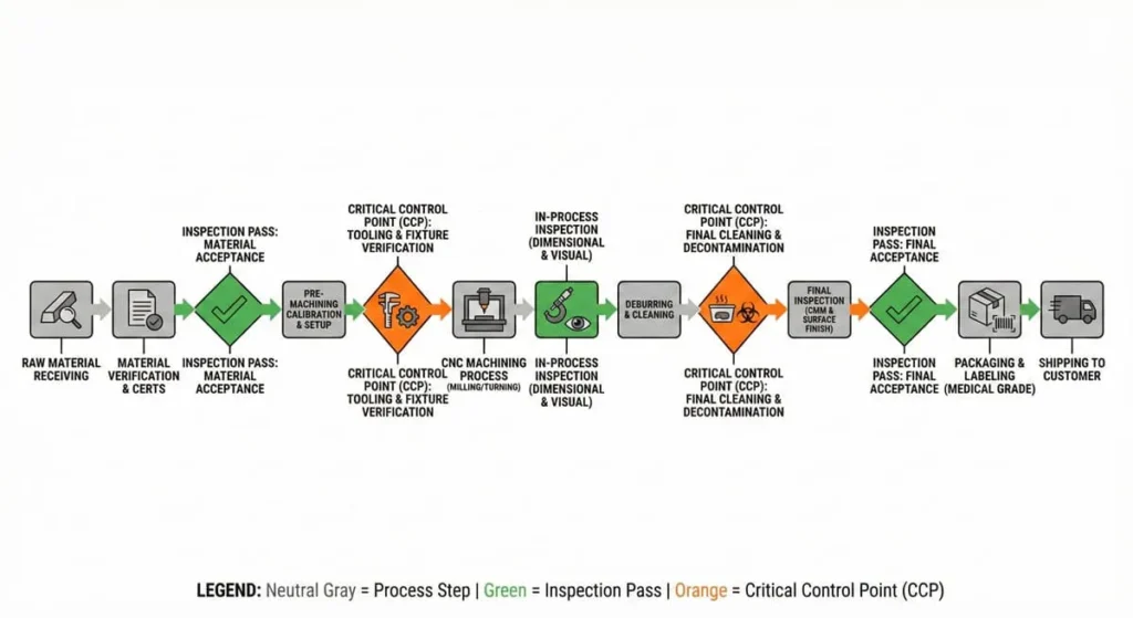 Process flow diagram illustrating quality control procedures in medical CNC machining services