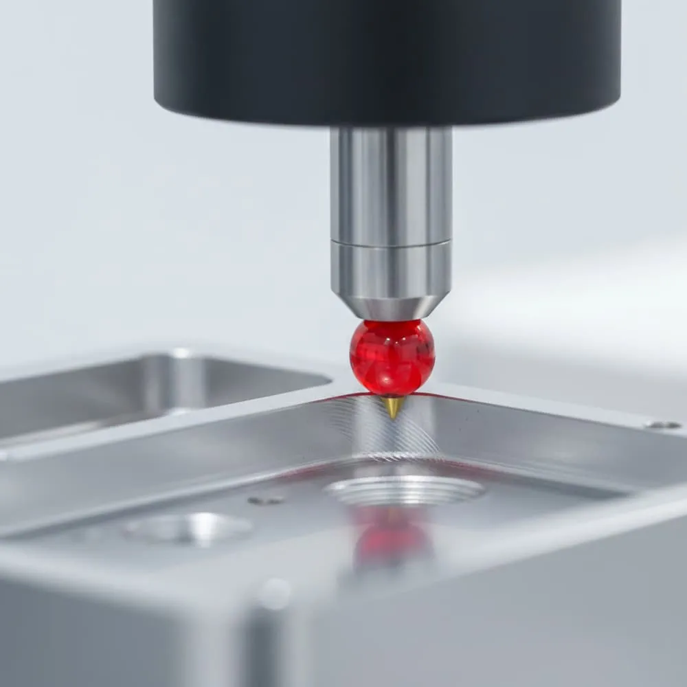 Renishaw CMM probe verifying ±0.005mm tolerances on a precision part during 5 axis cnc machining services process