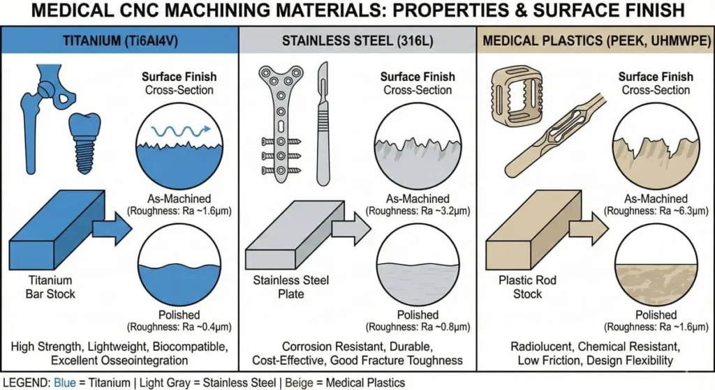 Scientific illustration of materials used in medical CNC machining services including titanium, stainless steel, and medical plastics