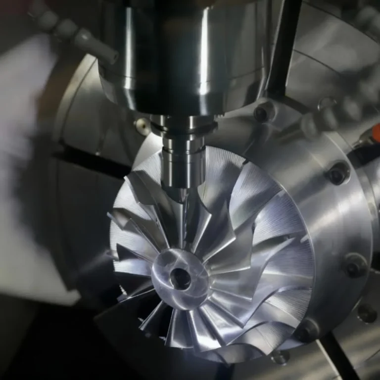 Simultaneous 5 axis cnc machining services milling a complex titanium aerospace impeller with high-pressure coolant