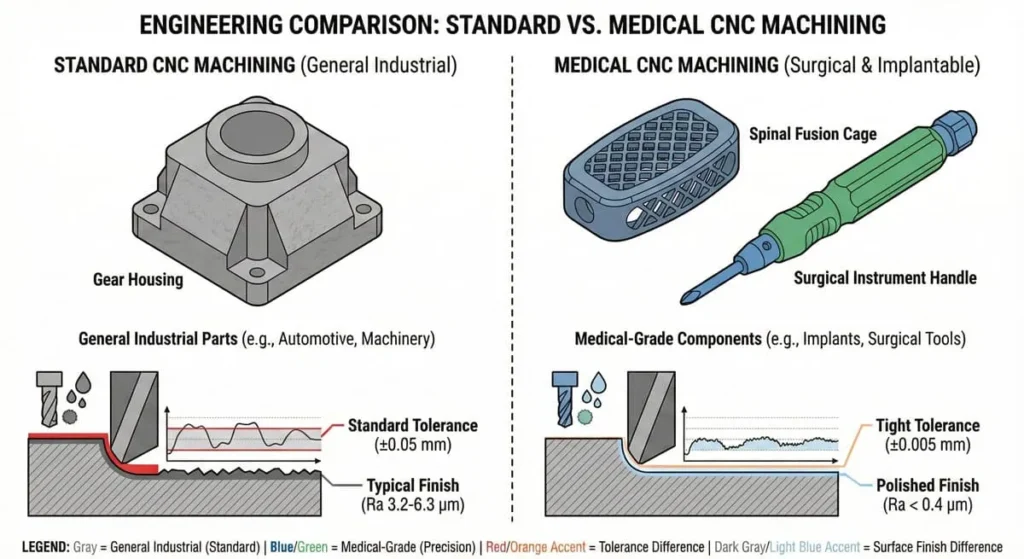 Technical comparison diagram showing differences between standard CNC machining and medical CNC machining services