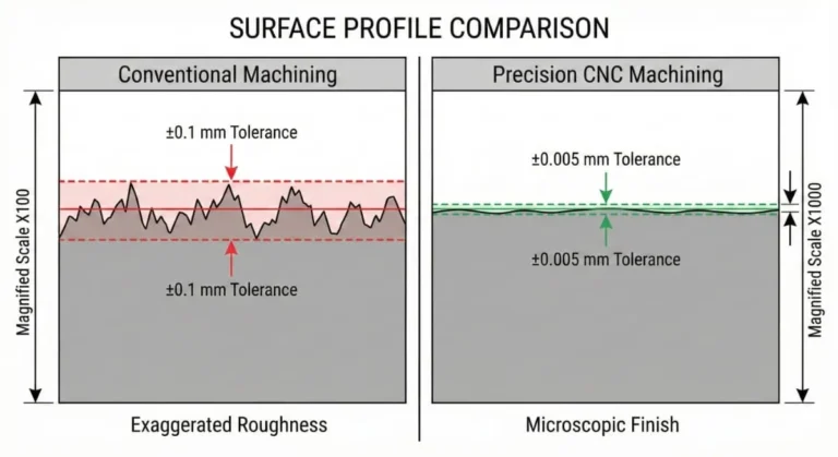 Comparison diagram of surface profile and tolerance bands between conventional machining and precision cnc machining services.