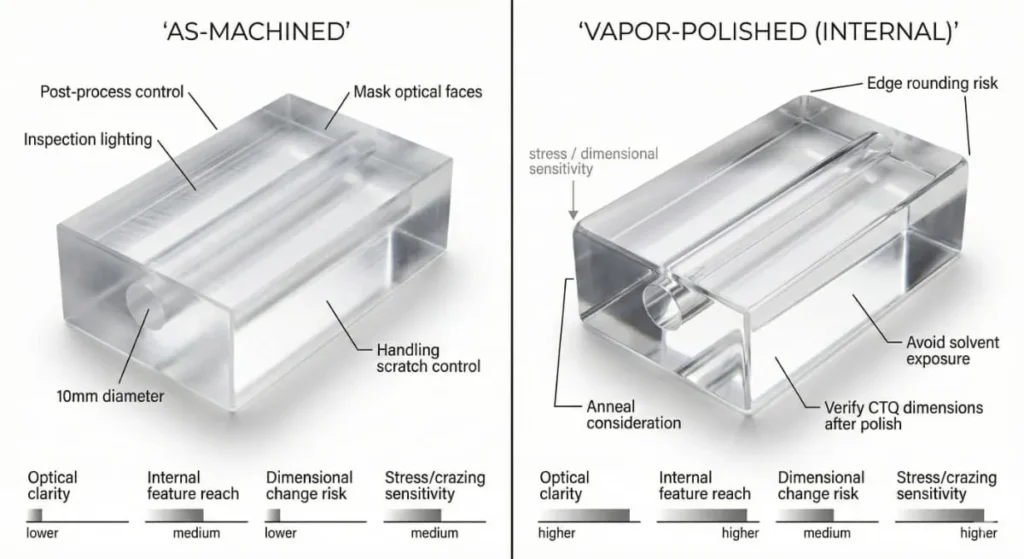 Side-by-side comparison of as-machined vs vapor-polished internal channel in a PMMA acrylic block with risk axes for dimensional change and stress
