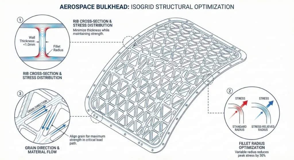 Engineering diagram showing isogrid lightweight structure for cnc machining aerospace parts to optimize strength-to-weight ratio.