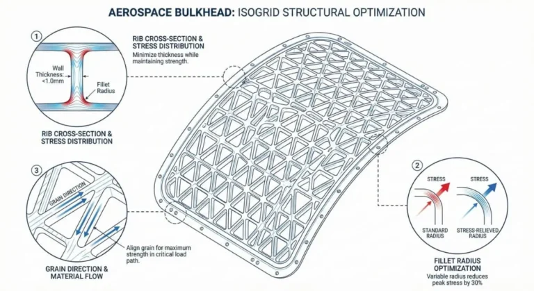 Engineering diagram showing isogrid lightweight structure for cnc machining aerospace parts to optimize strength-to-weight ratio.