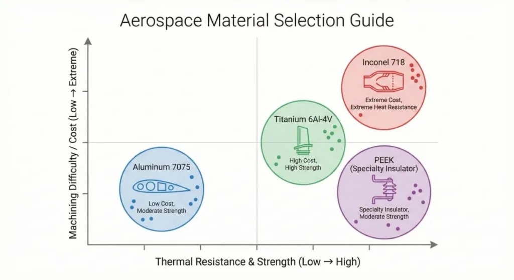Comparison chart of aerospace materials including Titanium, Inconel 718, and Aluminum 7075 based on machining difficulty and heat resistance.