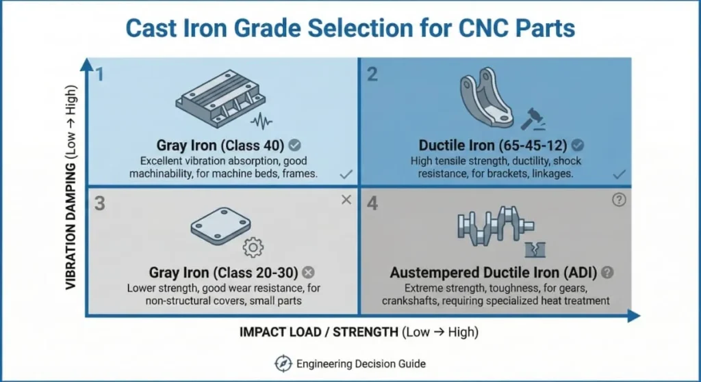 Decision matrix chart for selecting cast iron cnc machined parts grades based on vibration damping and impact strength.