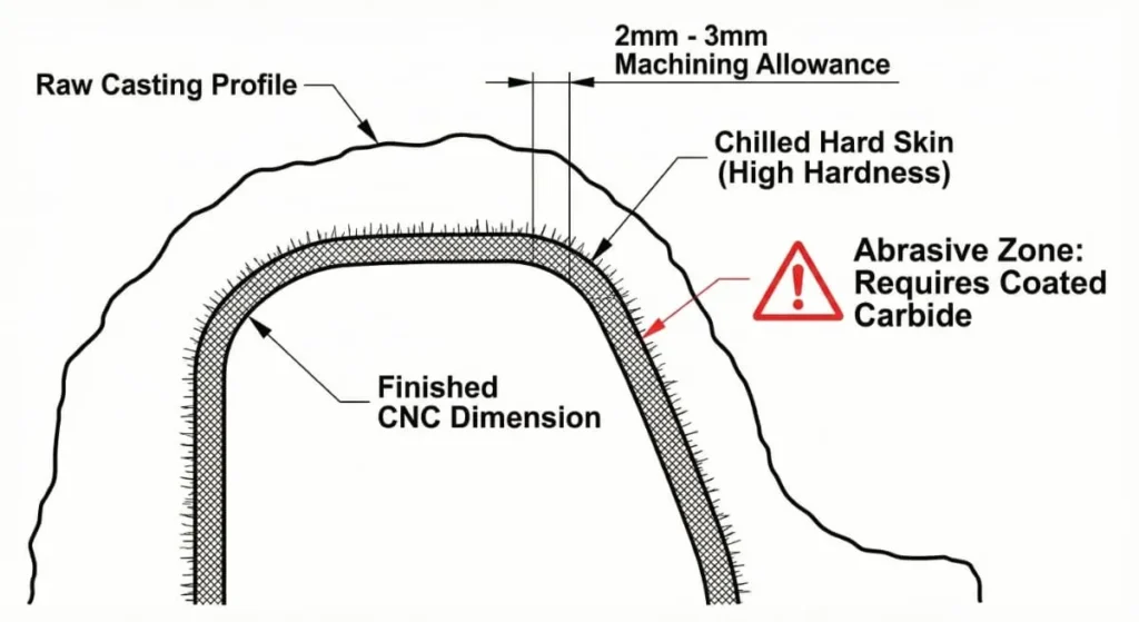 Engineering diagram showing machining allowance and hard casting skin on cast iron cnc casting machining parts.