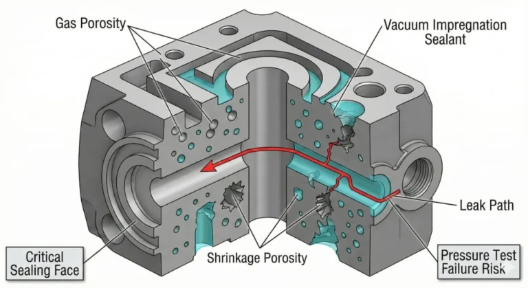 Cutaway technical illustration showing porosity defects in ductile cast iron cnc machined parts being sealed by vacuum impregnation.