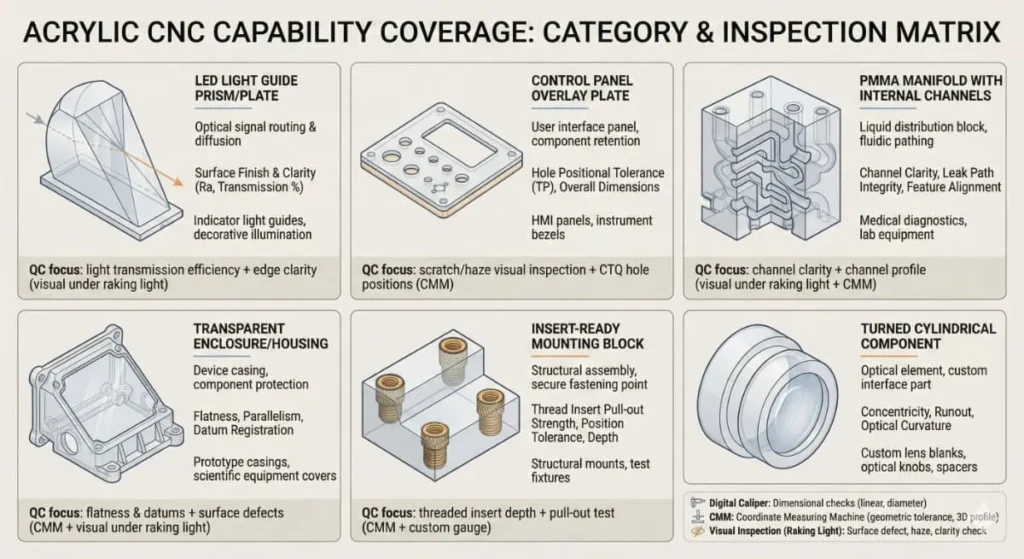 cnc acrylic service capability coverage showing multiple PMMA part types with QC focus: light guides, overlays, manifolds, housings, insert blocks, turned parts