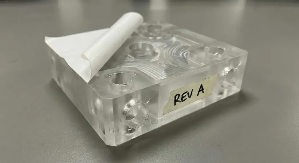 Engineering prototype PMMA manifold block with visible CNC tool marks and ‘REV A’ label for fit/function validation