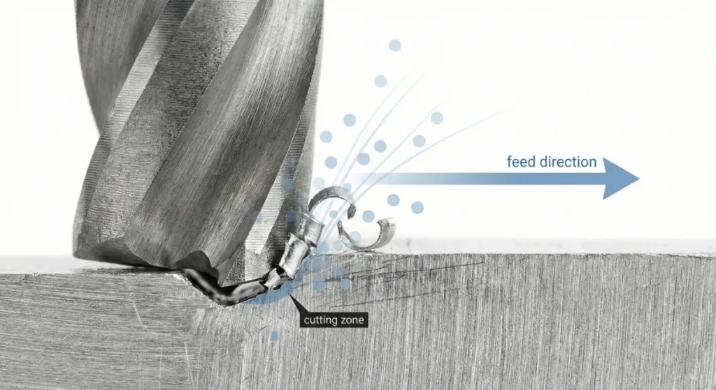 Close-up of CNC prototyping process showing cutting zone, feed direction, and chip formation during rapid machining of an aluminum prototype