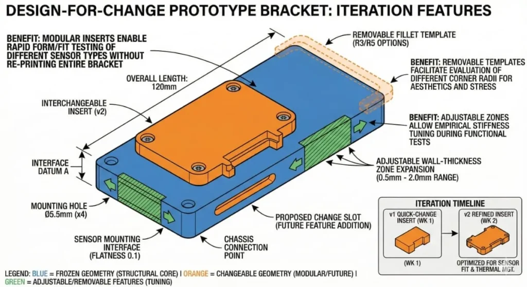 Design-for-rapid-prototyping diagram highlighting change-ready geometry, interchangeable inserts, and iteration-focused features