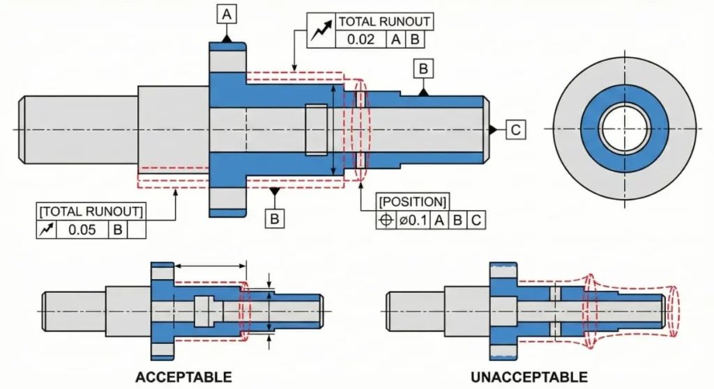 GD&T tolerance zones diagram showing acceptable vs unacceptable variation for runout, position and perpendicularity