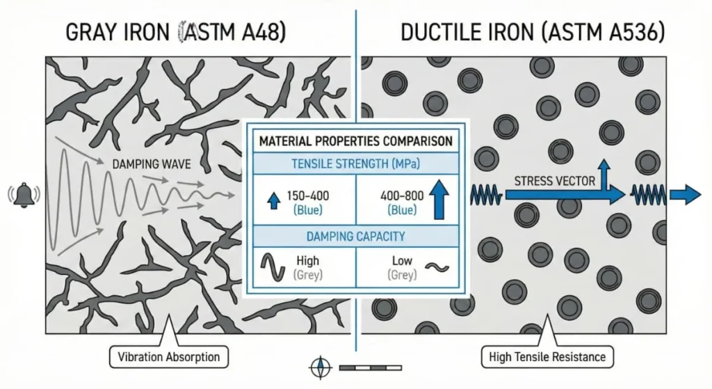 Microstructure comparison of gray cast iron cnc machined parts (flakes) vs ductile iron (nodules) showing damping and strength differences.