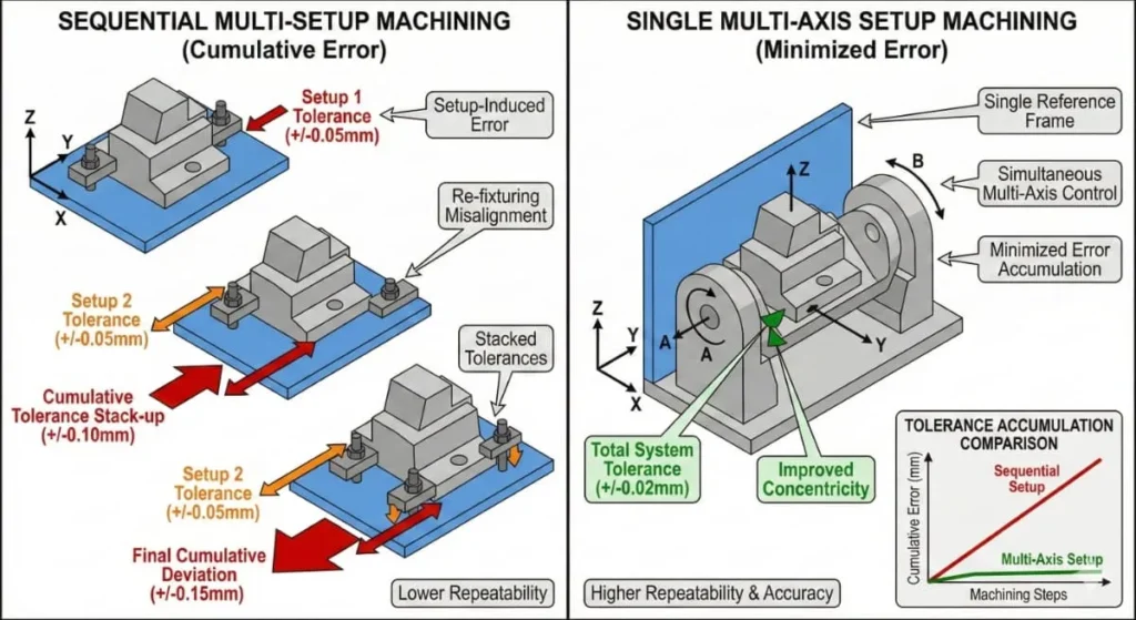 Technical illustration comparing multi-axis precision CNC machining with multiple setups versus single setup machining and their impact on tolerance stack-up.
