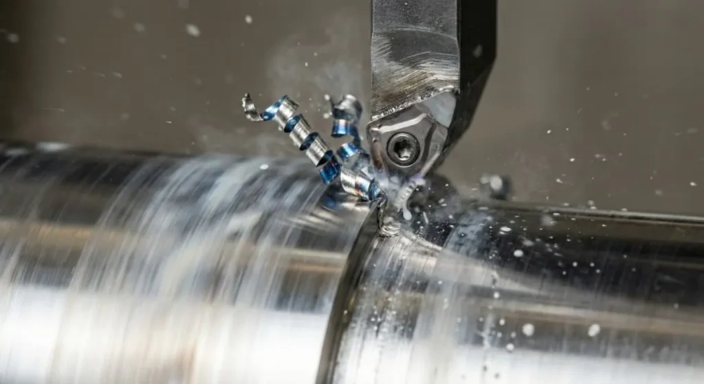 Macro view of turning tool cutting metal with visible chips, showing real chip formation and surface generation