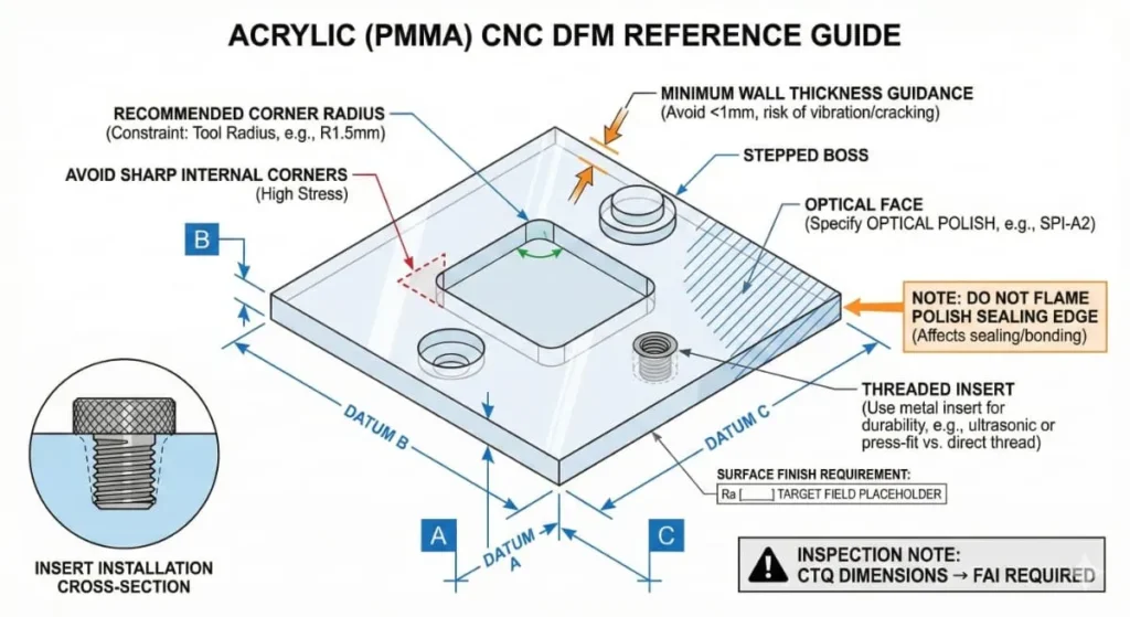 DFM illustration for PMMA parts: corner radii, minimum wall thickness, optical face callout, threaded insert section, and datum scheme