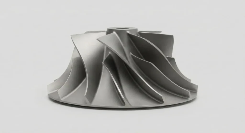Close-up of a finished precision aerospace cnc machined part (Titanium Impeller) showing flawless bead blasted surface finish.
