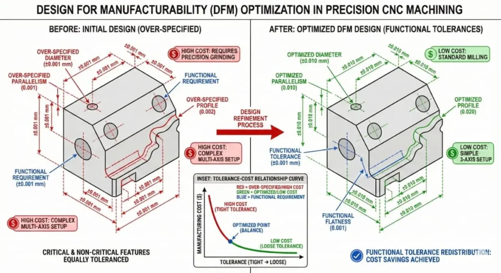 Engineering illustration showing design for manufacturability optimization in precision CNC machining through tolerance refinement.