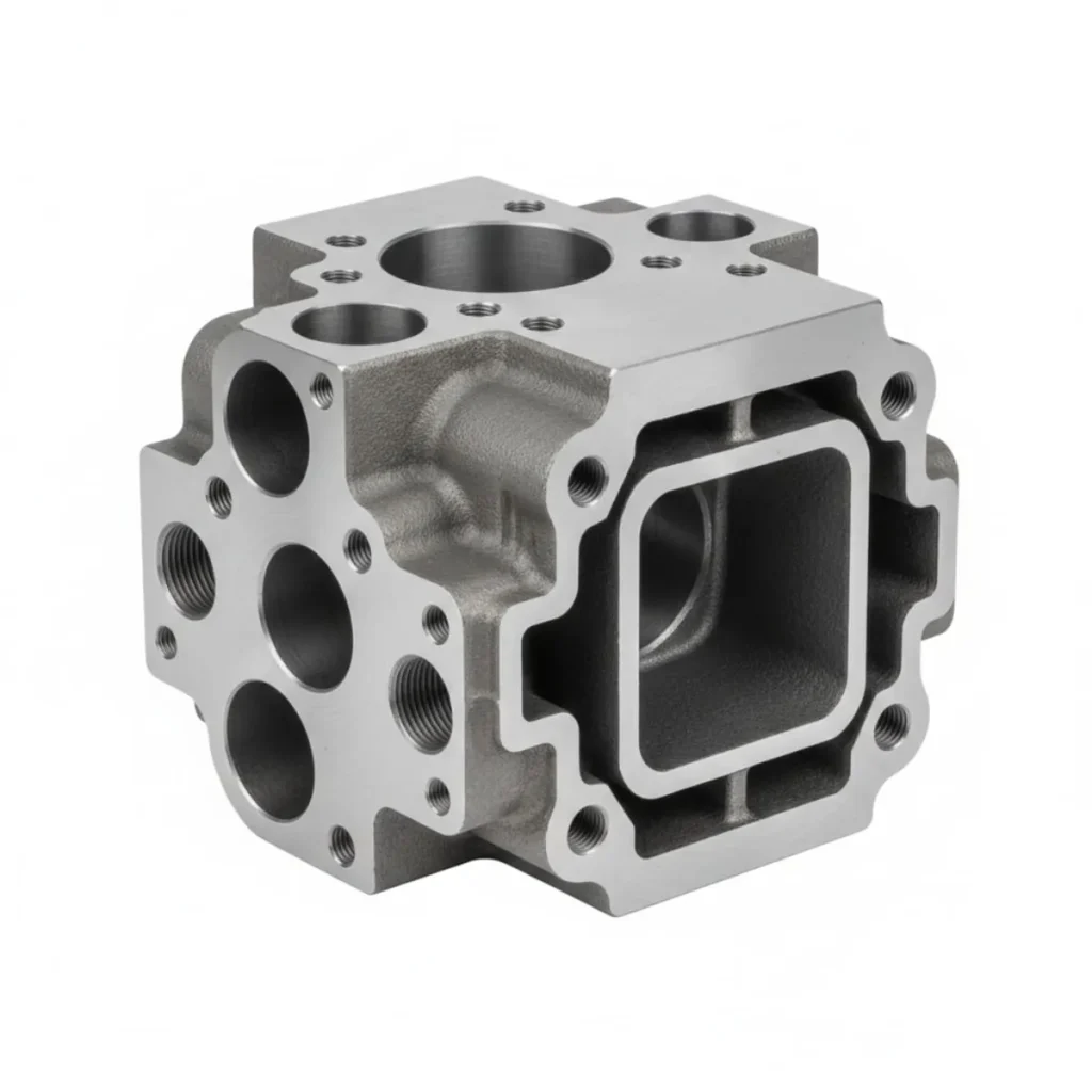 High-precision gray cast iron cnc machined parts (hydraulic manifold) featuring milled surfaces and threaded bores.