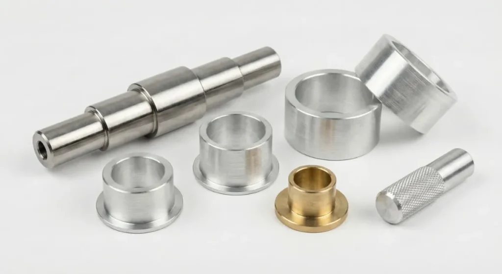 Assortment of custom CNC turned parts including stainless steel shafts, aluminum bushings, and brass fittings.