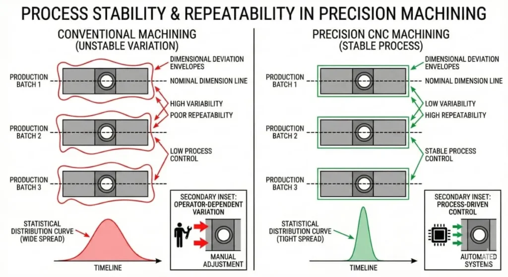 Comparison diagram showing repeatability and process stability differences between precision CNC machining services and conventional machining.