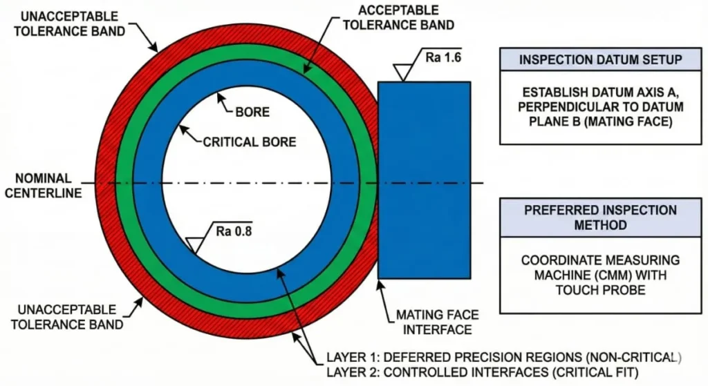Tolerance control diagram for rapid prototyping showing acceptable and risk-prone concentricity zones and inspection datum setup