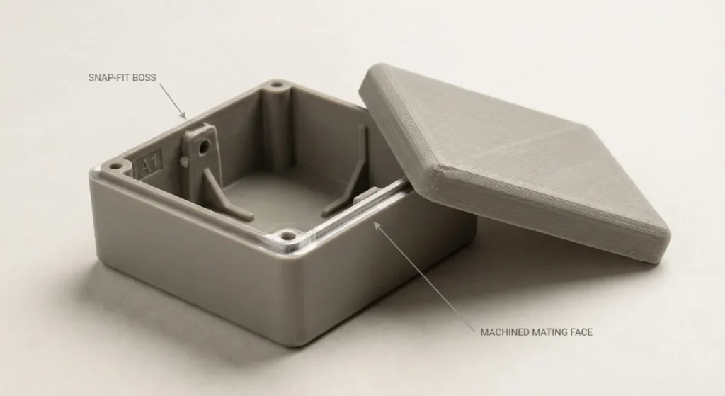 Early-stage rapid prototyping sample of an electronics enclosure showing snap-fit bosses, machined mating faces, and iteration-ready geometry for form and fit validation