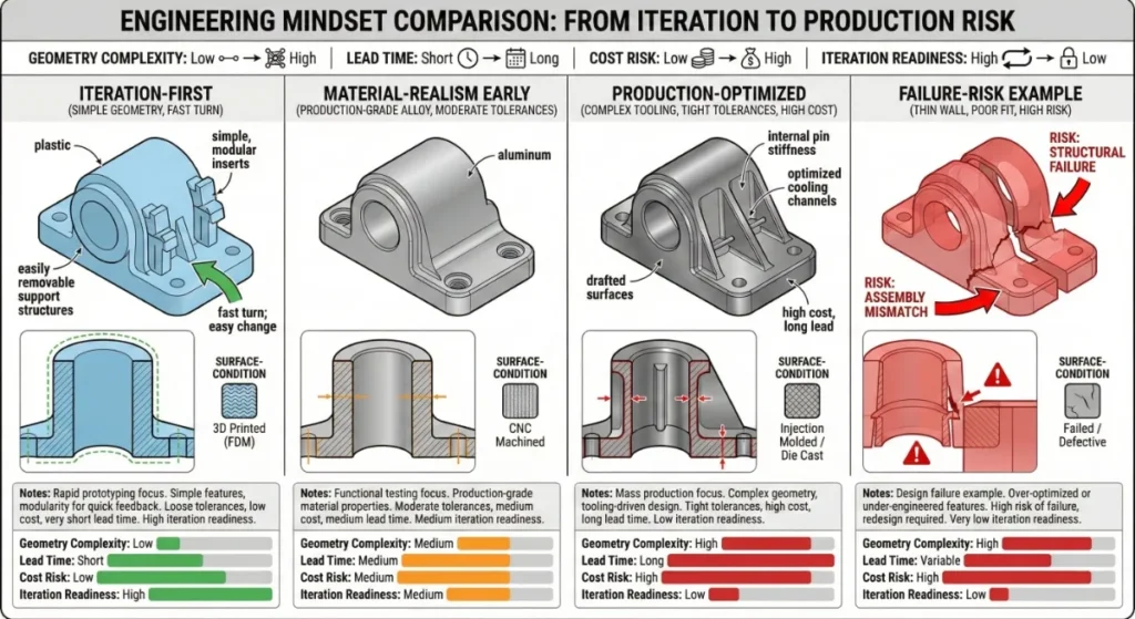 Comparison of rapid prototyping approaches showing iteration-first design, production-optimized geometry, and associated cost and risk trade-offs