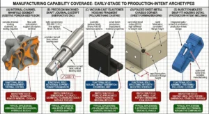 Rapid prototyping capability comparison showing additive manufacturing, CNC machining, vacuum casting, sheet metal forming, and injection molding use cases